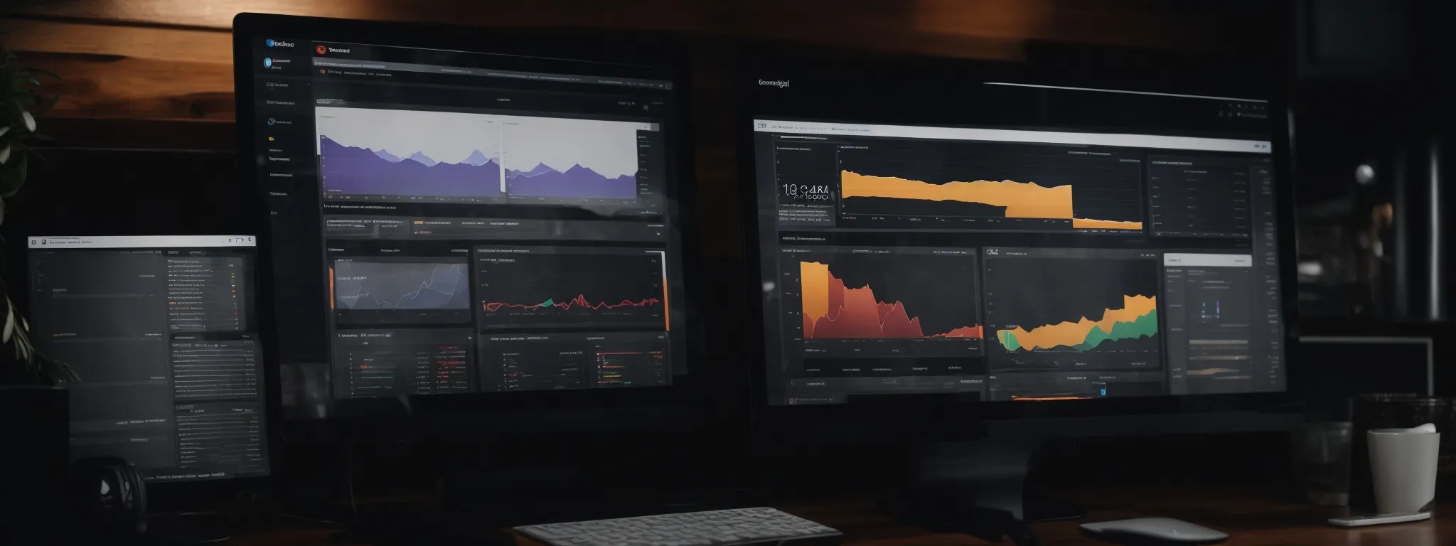 a desktop with a performance analytics dashboard open on the screen amidst seo strategy reports.