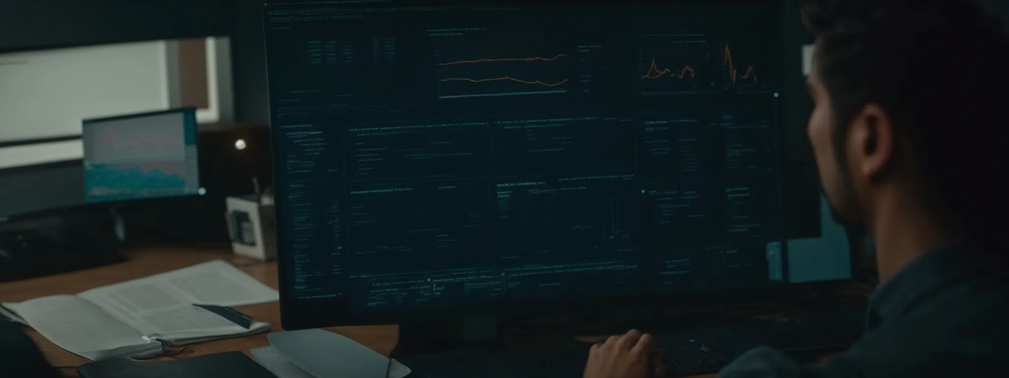 a marketer reviews complex analytics on a computer dashboard, plotting seo strategy.