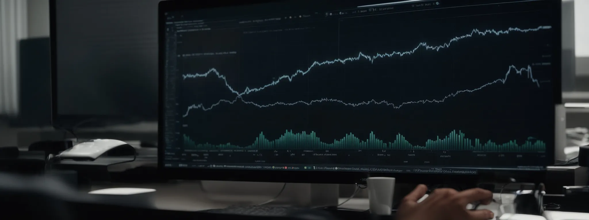 a professional at a desk analyzes graphs on a computer screen, representing voice search trend data.