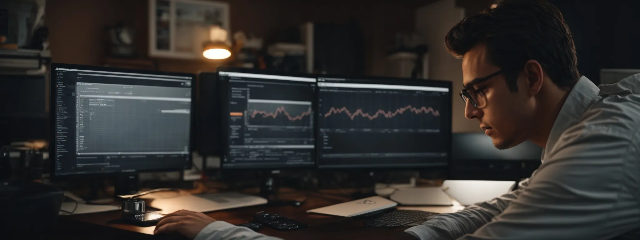 a focused content creator analyzes graphs on a computer displaying seo performance metrics.