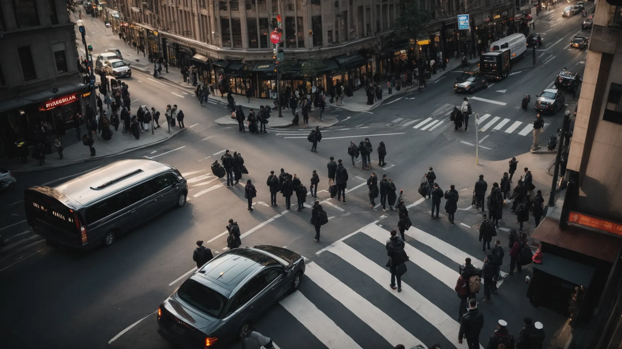 a bustling city intersection with pedestrians using smartphones while navigating the streets.