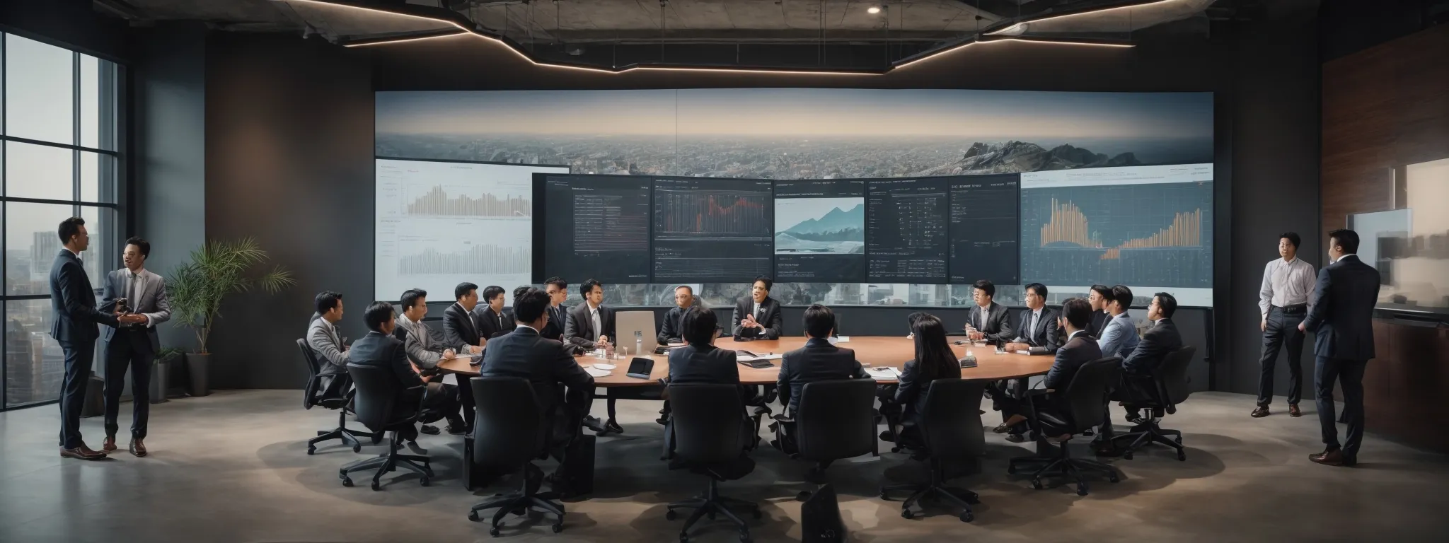 a modern meeting room with a large screen displaying ai and seo trends, where a diverse team of professionals is engaged in a strategic planning session.
