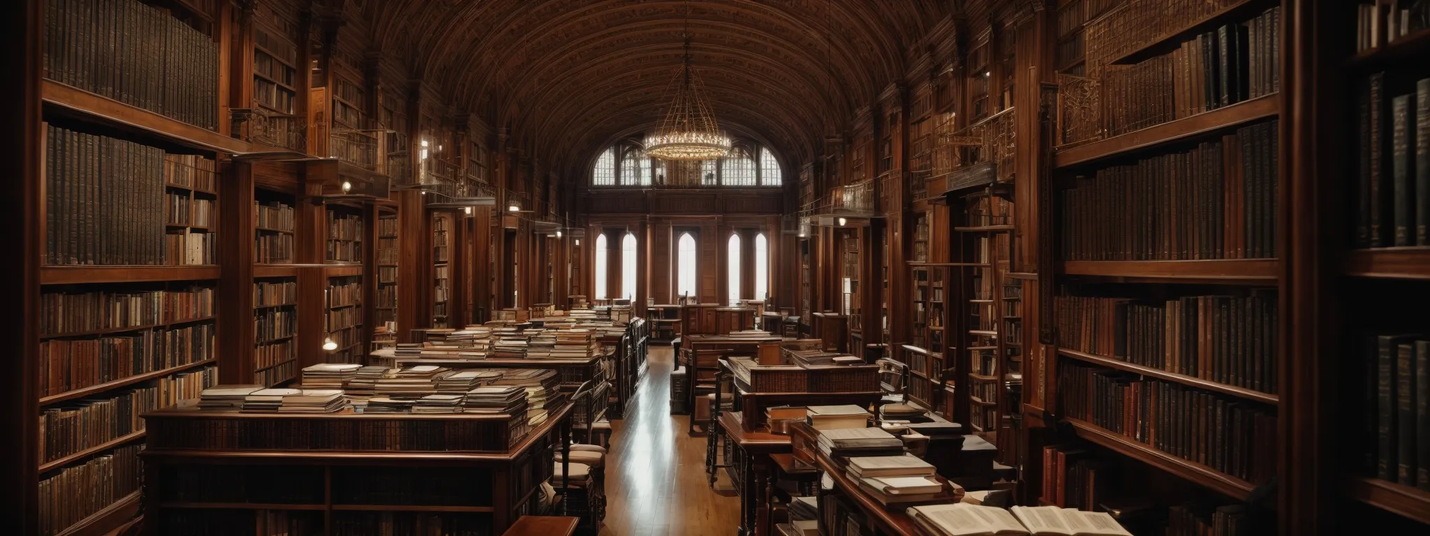 a sprawling library with rows of books symbolizing the wealth of information sorted by search engines.