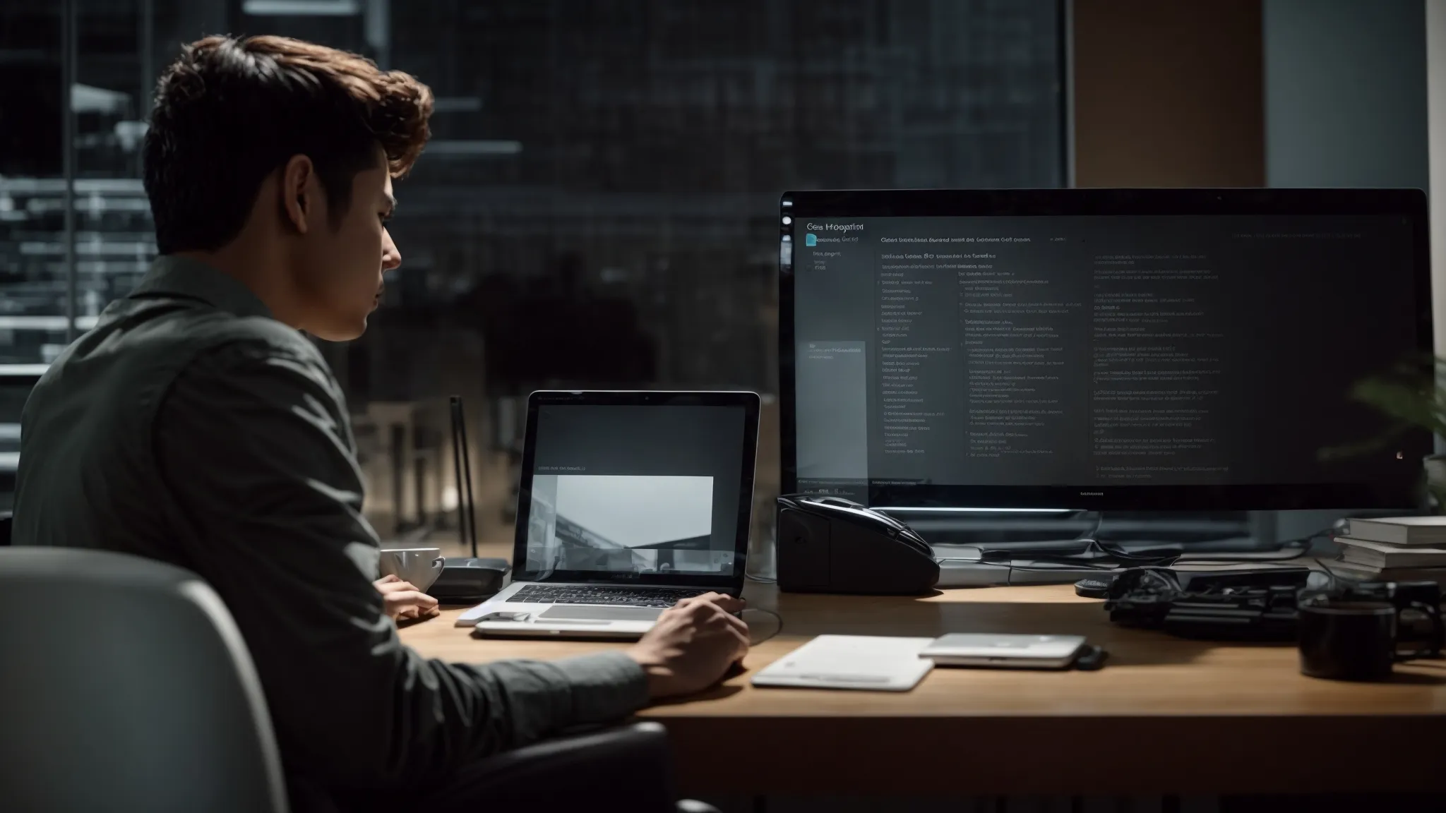 a focused individual studying an seo textbook beside a computer displaying search engine results.