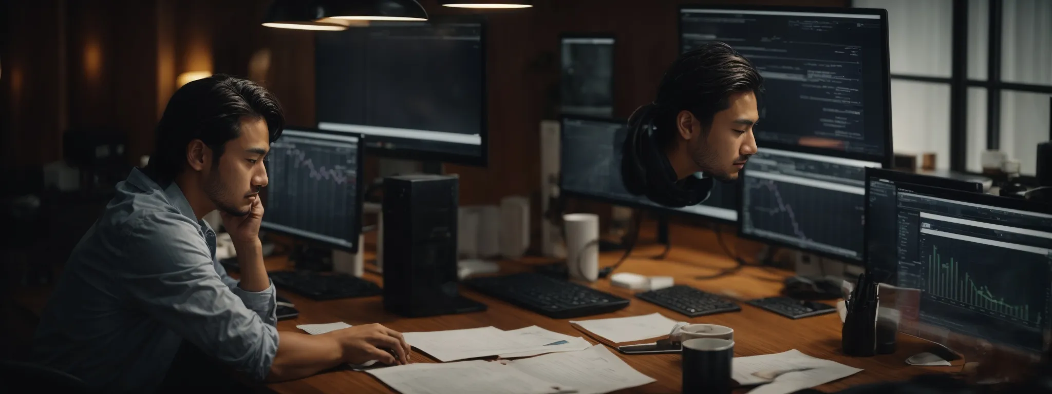 a person sitting at a computer studying graphs and analytics on customer feedback for enhancing seo and reputation management strategies.