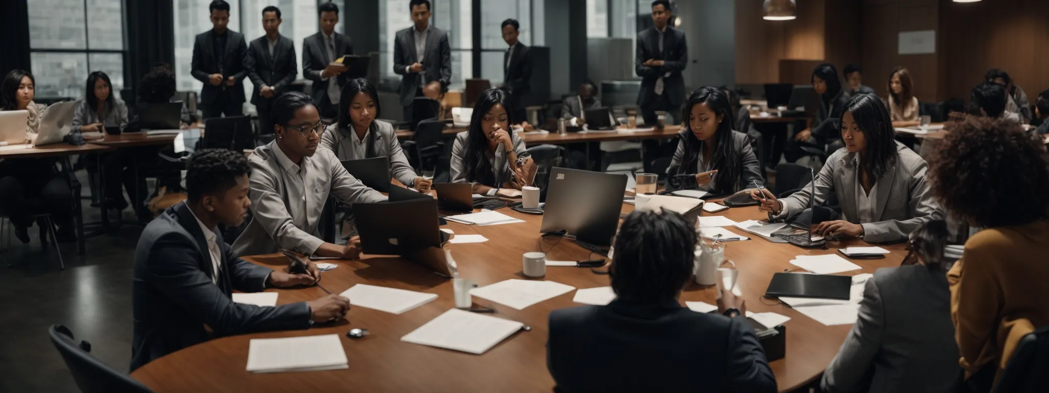 a diverse team of professionals engaging in a collaborative brainstorming session around a large table equipped with laptops and notes.