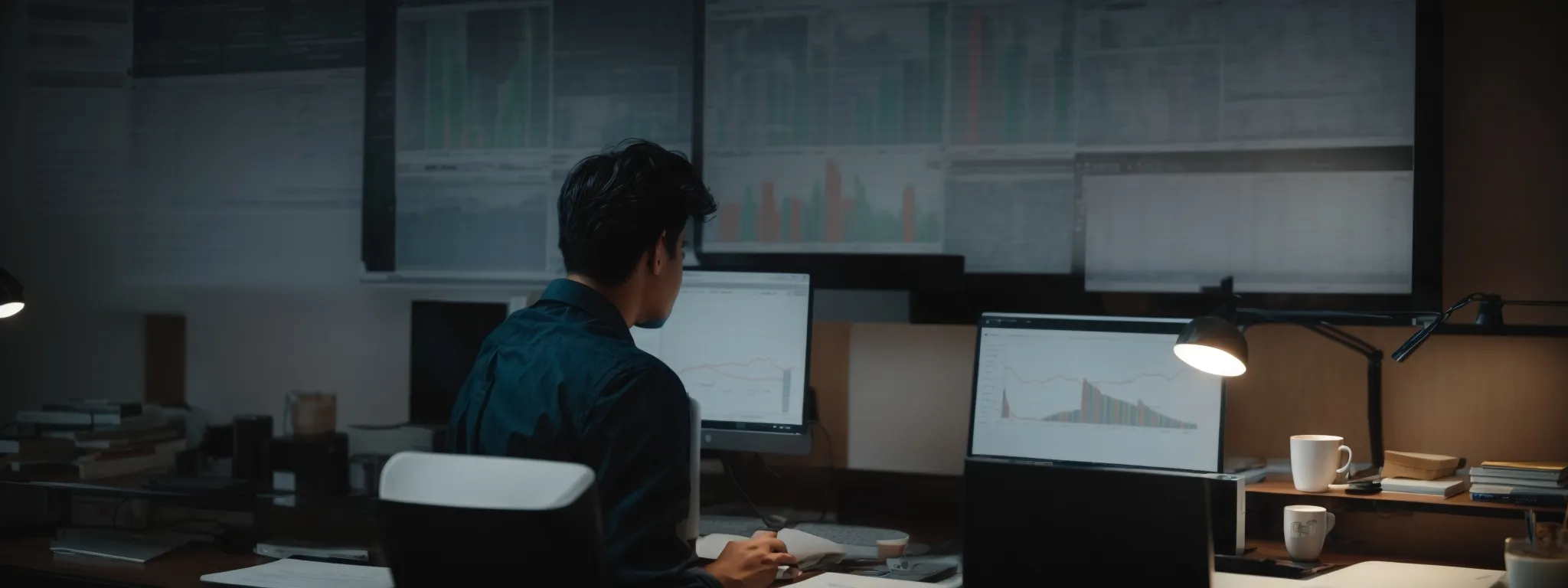 a person at a desk intensely studying analytics charts on a computer screen, surrounded by notes and a coffee cup.