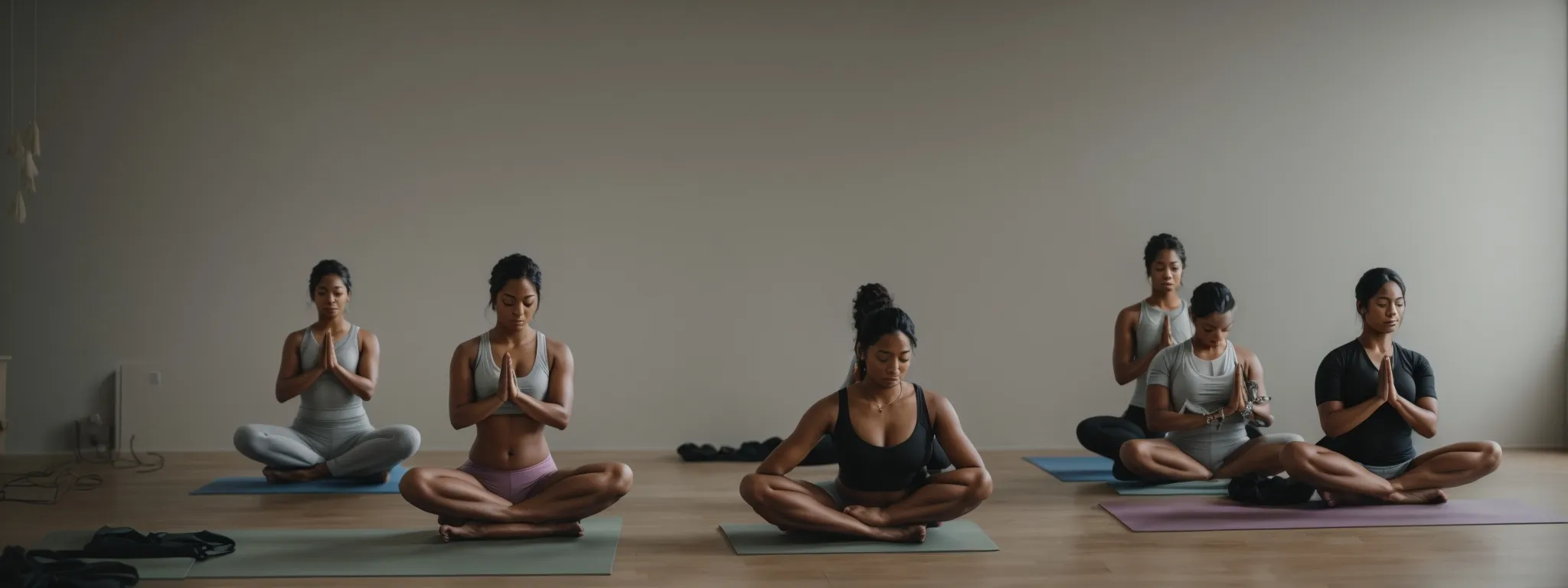 a group of individuals practicing yoga poses in a tranquil studio while a smartphone displays their online social media profile in the foreground.