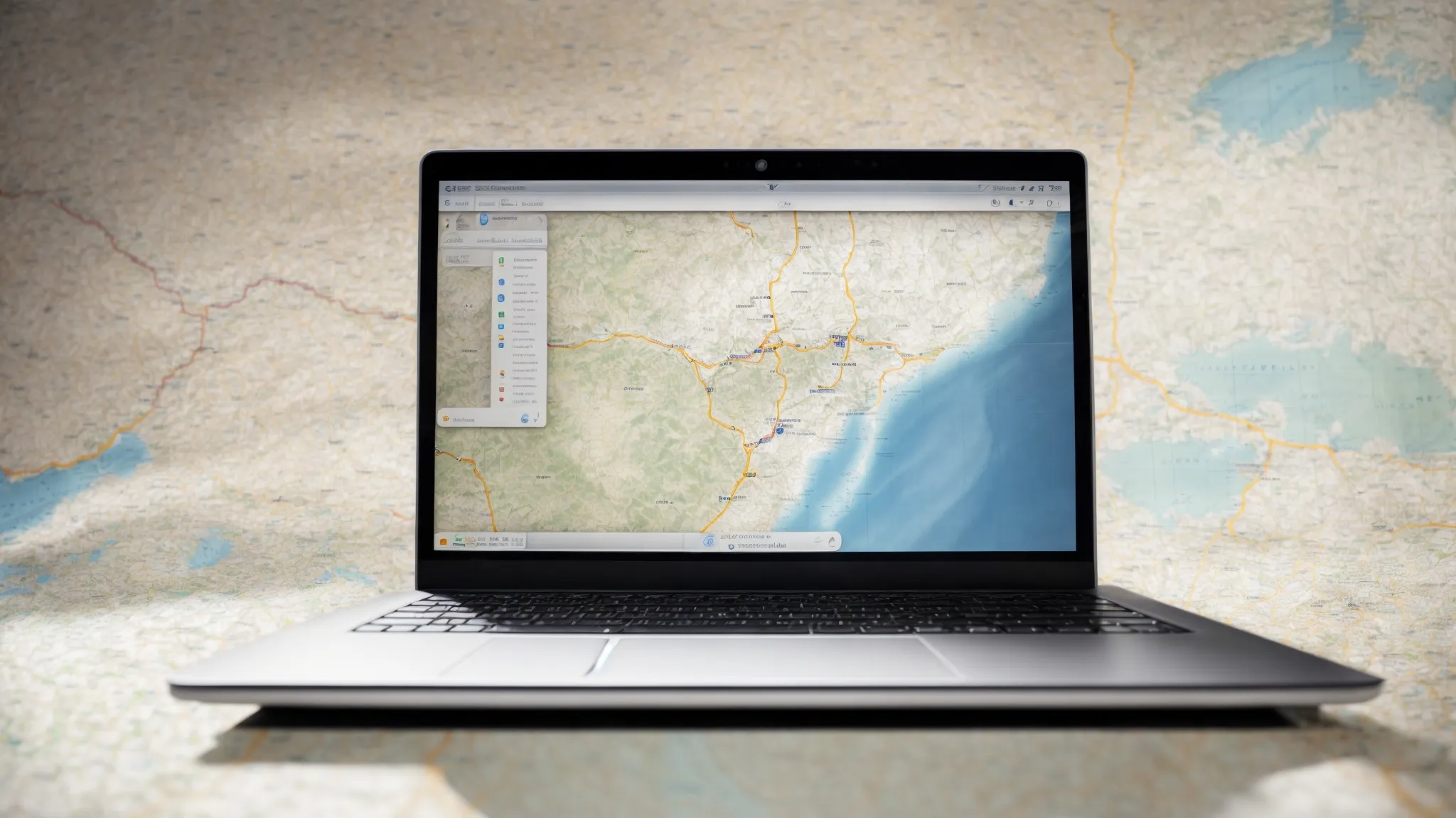 a laptop with a map and graphs on the screen reflecting local search engine results.