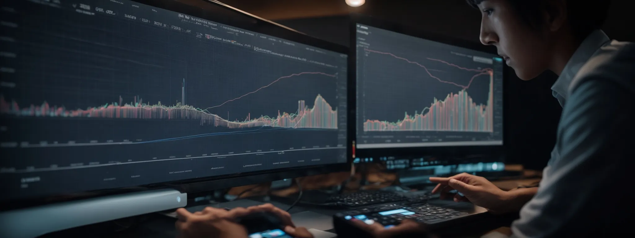 a person analyzing a large data dashboard with graphs and trend lines representing search engine analytics for video content optimization.