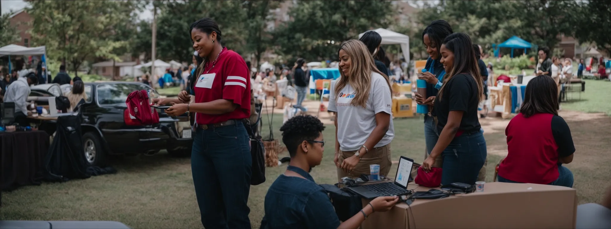 a nonprofit team at a community event with a laptop open to their google my business listing.