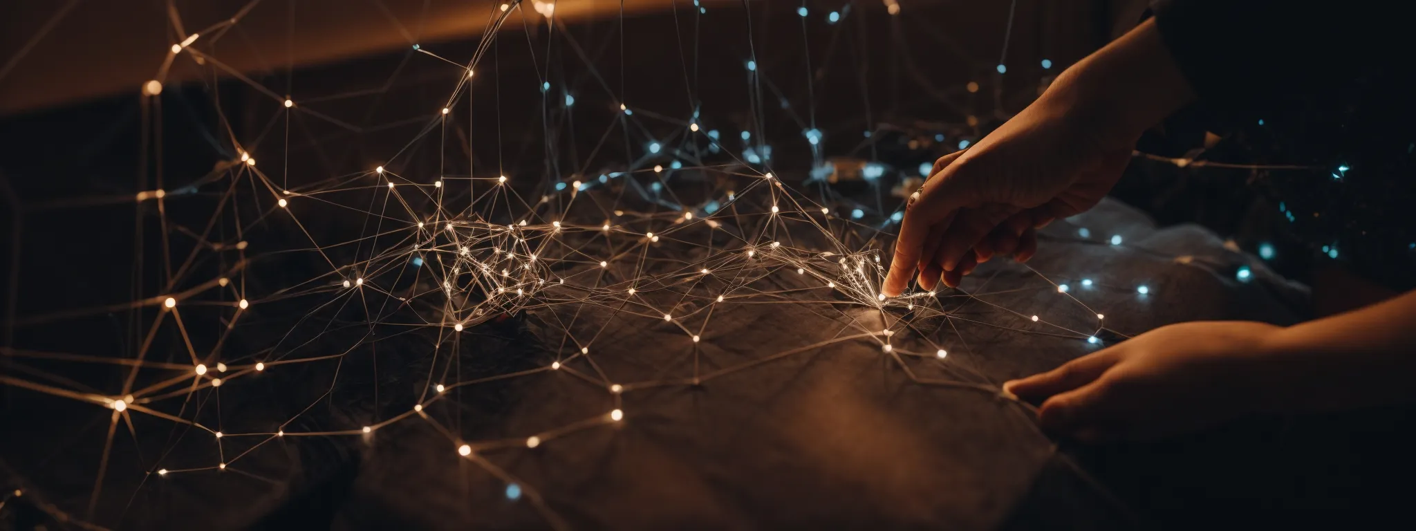a person placing a digital puzzle piece into a glowing network of connected nodes that symbolizes a comprehensive seo strategy.