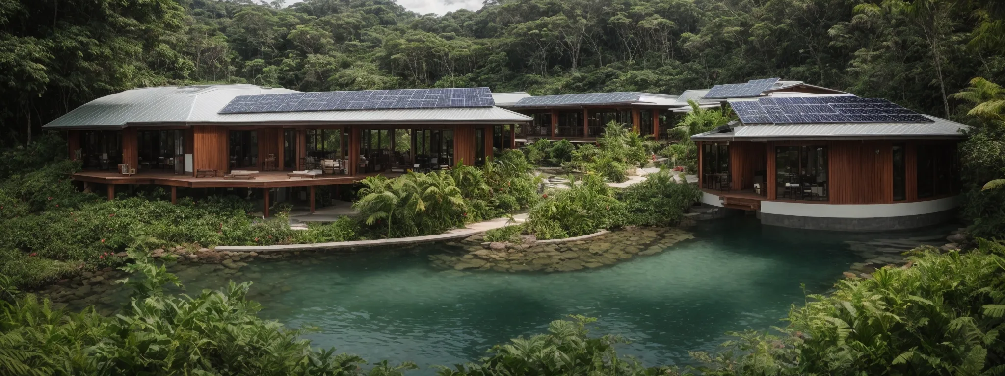 a panoramic view of an eco-friendly resort nestled amidst lush greenery, powered by solar panels and featuring a water recycling facility.