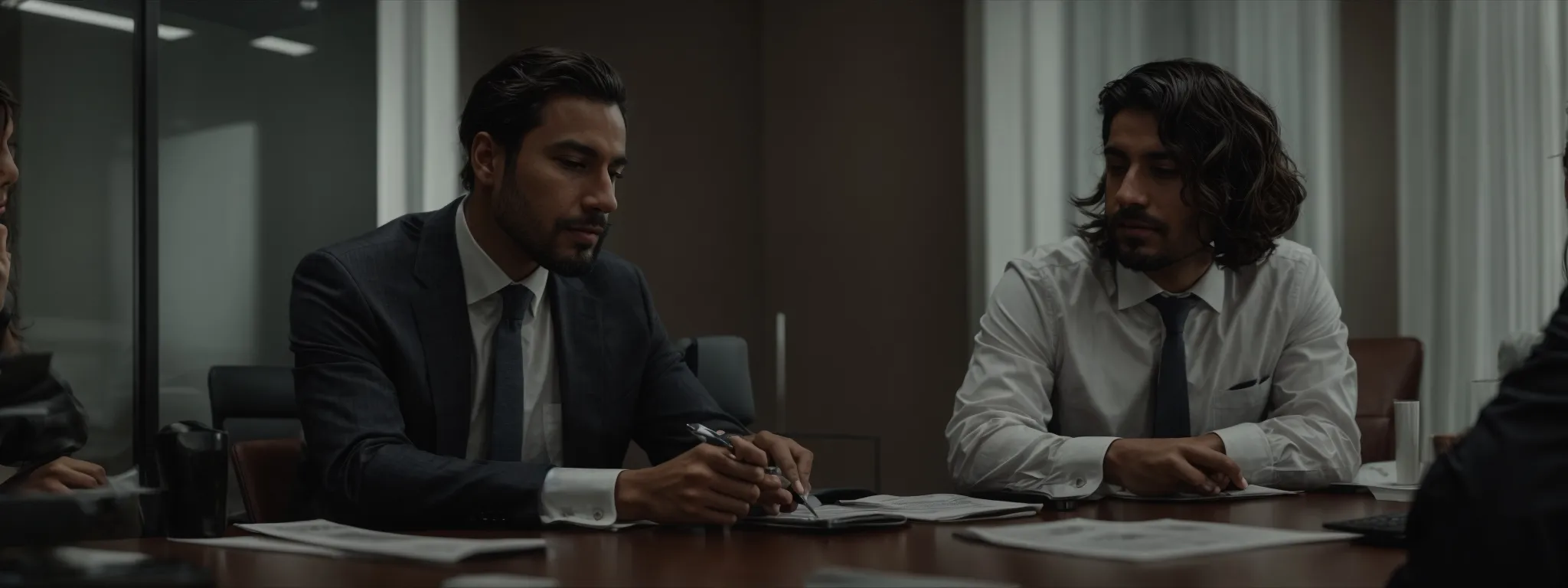 two professionals are seated across from each other at a meeting table, engaged in a serious discussion with documents and laptops open before them.