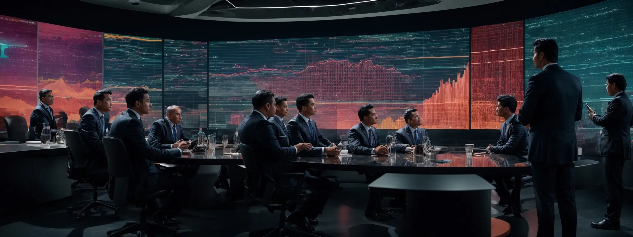 executives discussing around a large screen displaying colorful data visualizations.