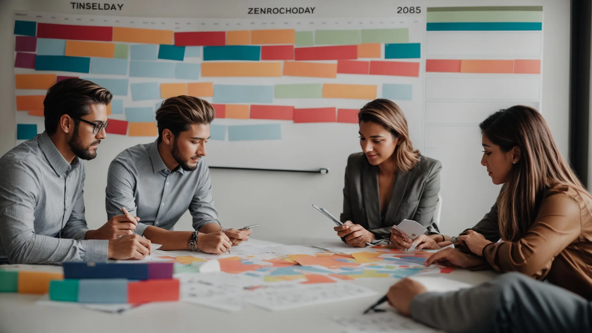 a marketing team brainstorms around a calendar filled with holiday themes and colorful graphs on a whiteboard.