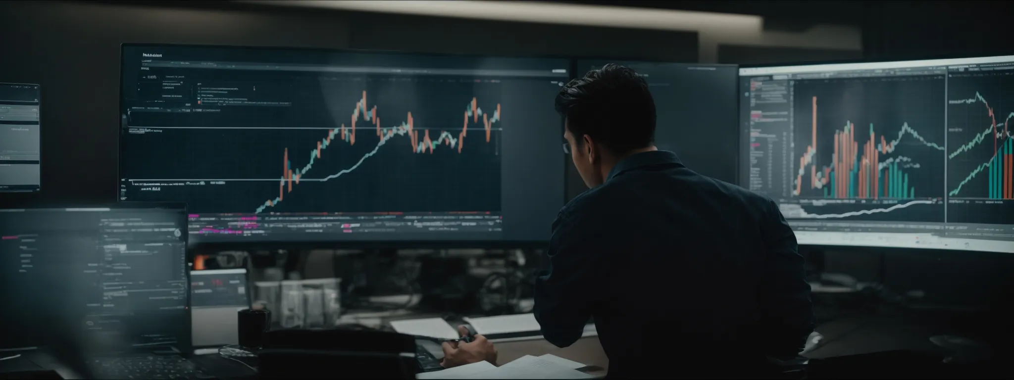 a broad view of a marketer analyzing graphs on a computer screen, symbolizing the evaluation of diverse seo metrics.
