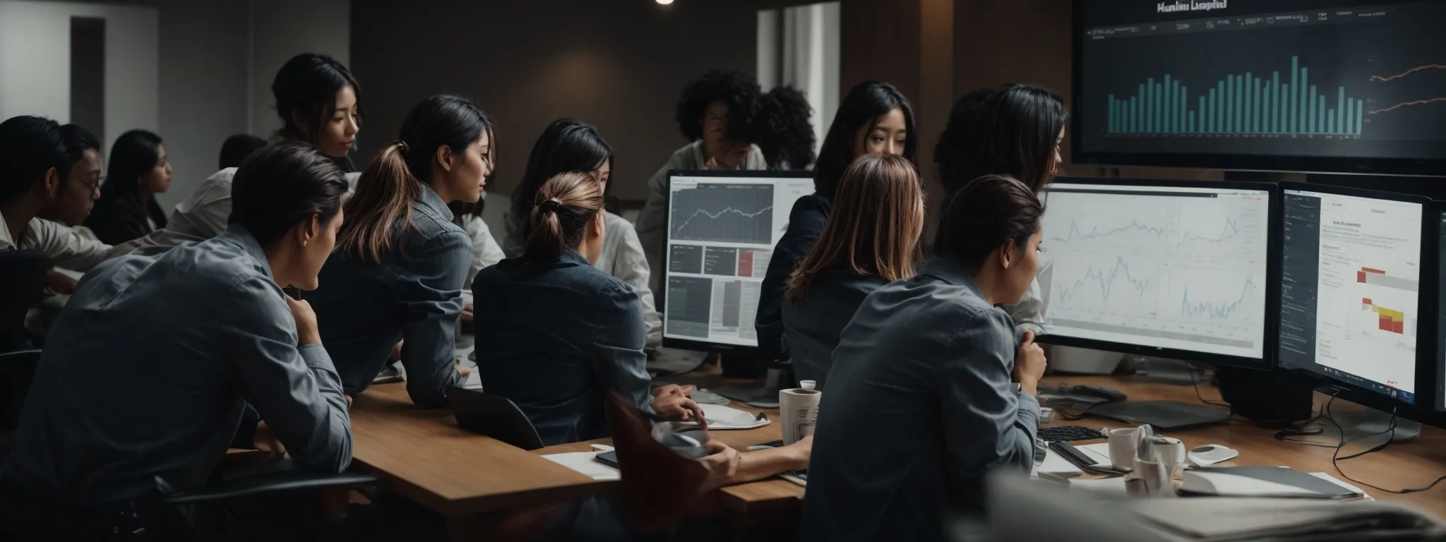 a marketing team brainstorming around a computer, displaying charts and social media analytics.