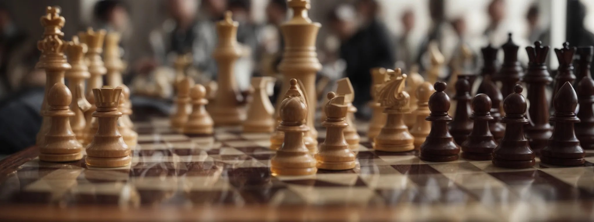 a chessboard with pieces positioned at the start of a strategic game, symbolizing the calculated moves in seo and ppc integration.