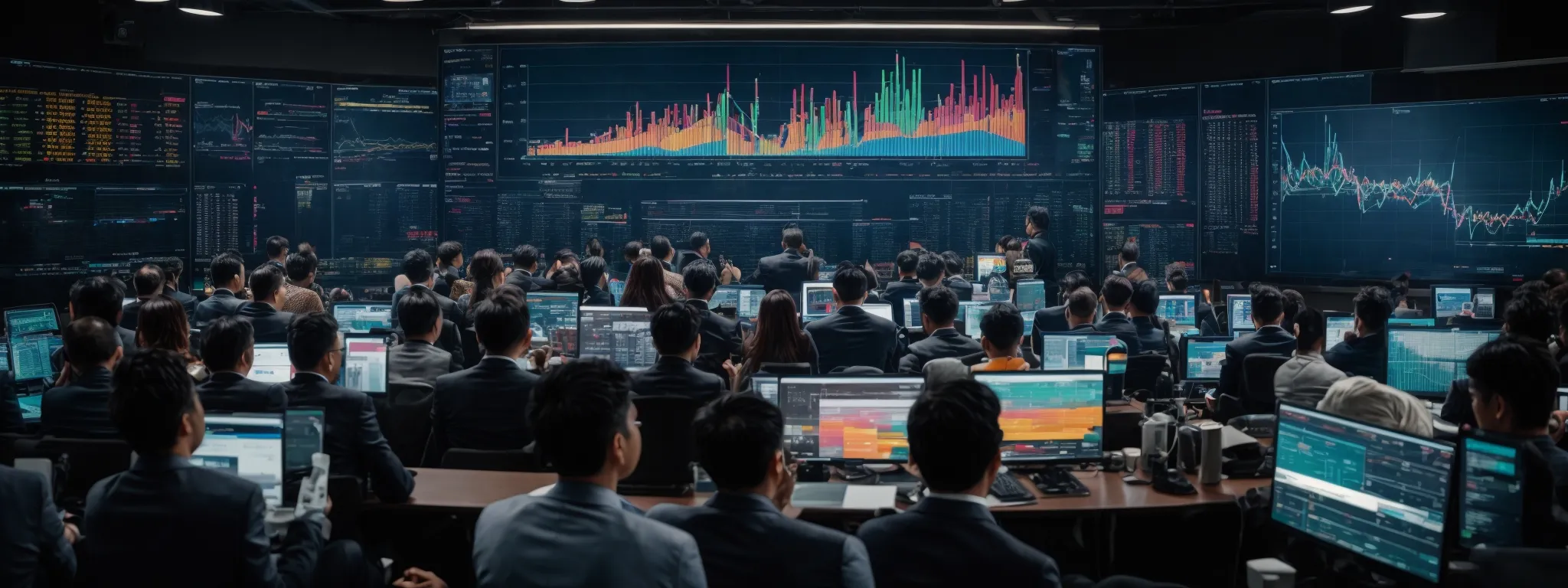 a group of professionals gathered around a large screen displaying colorful analytics graphs and traffic statistics.
