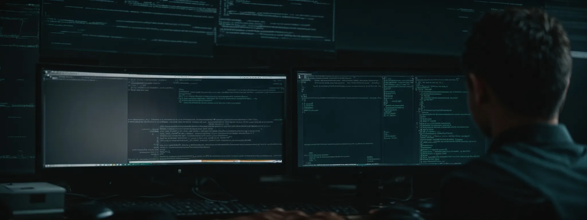 a web developer examines code on a computer screen, optimizing a website's backend for search engine visibility.