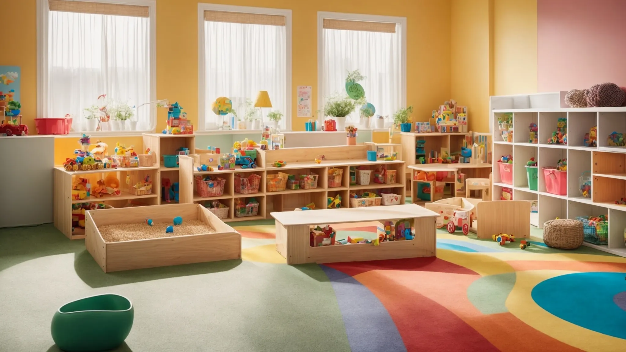 a daycare provider decoratively sets up a play area with educational toys and crafts, ready for a vibrant photo to post on social media.