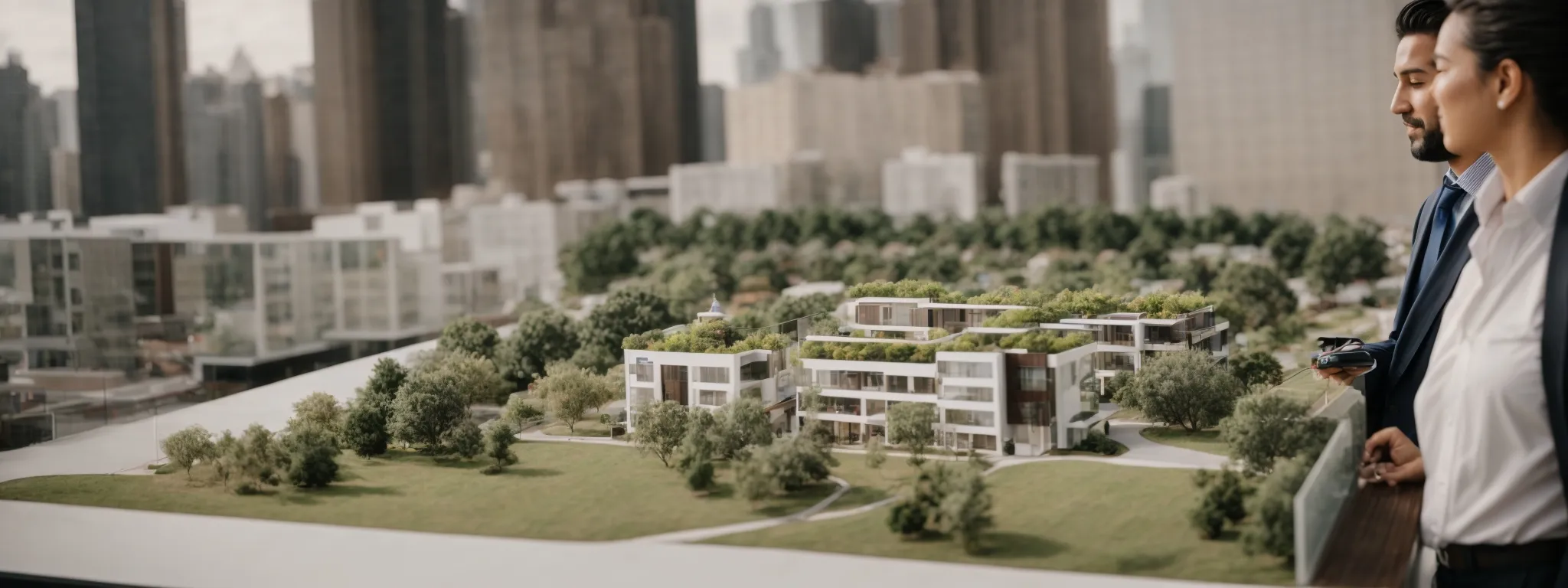 a real estate agent shows a couple a scale model of a proposed residential development.