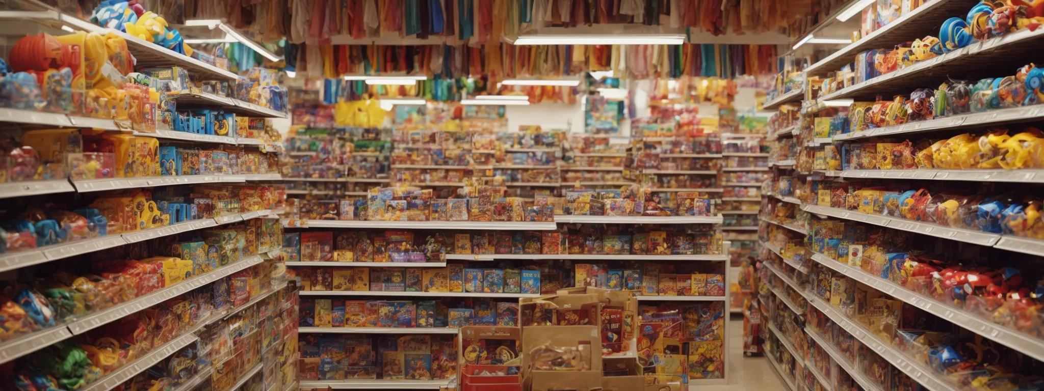 colorful toys neatly displayed on shelves in an organized toy store.