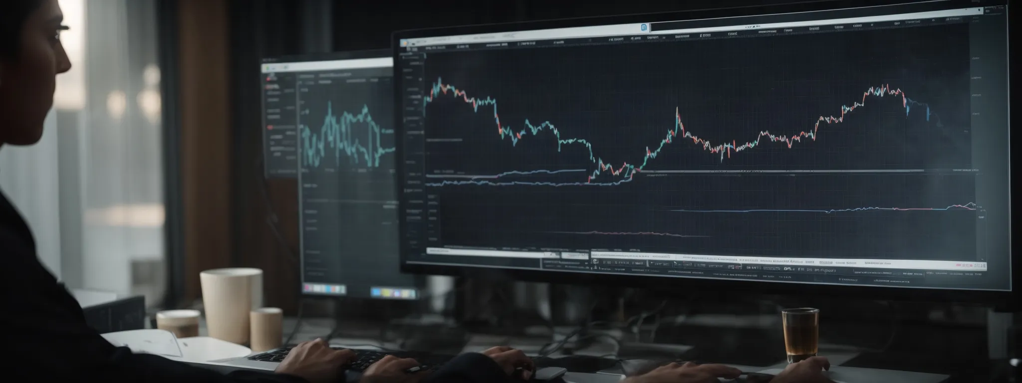 a person analyzing real-time data analytics on a computer screen with a graph showing website traffic trends.