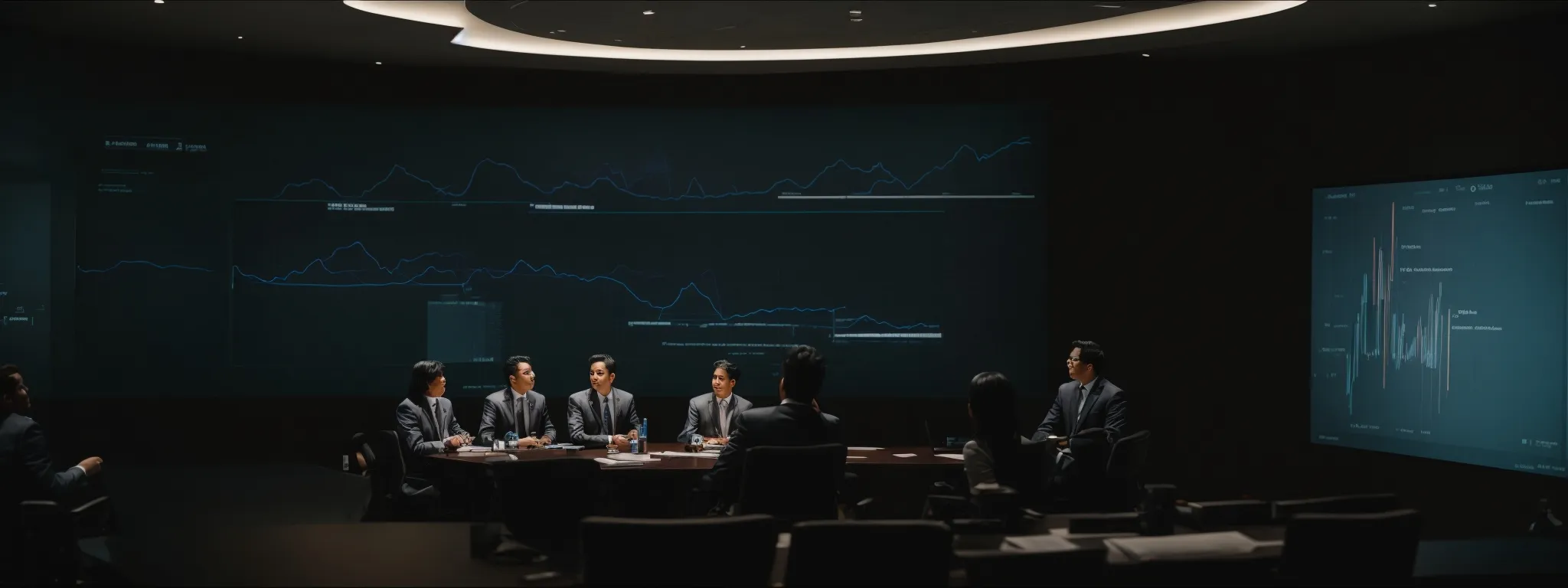 a conference room with a projector displaying graphs, with two professionals engaged in discussion across a table.