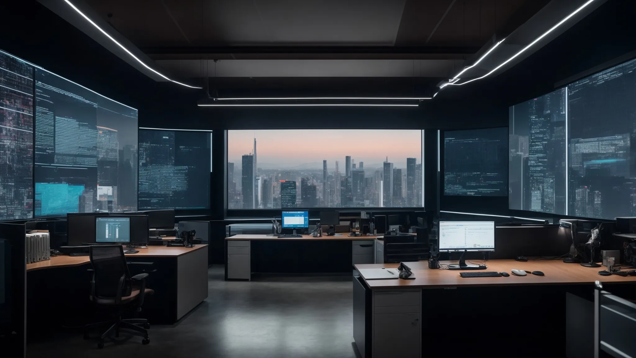 a futuristic office with large screens displaying data analytics and ai-driven tools.