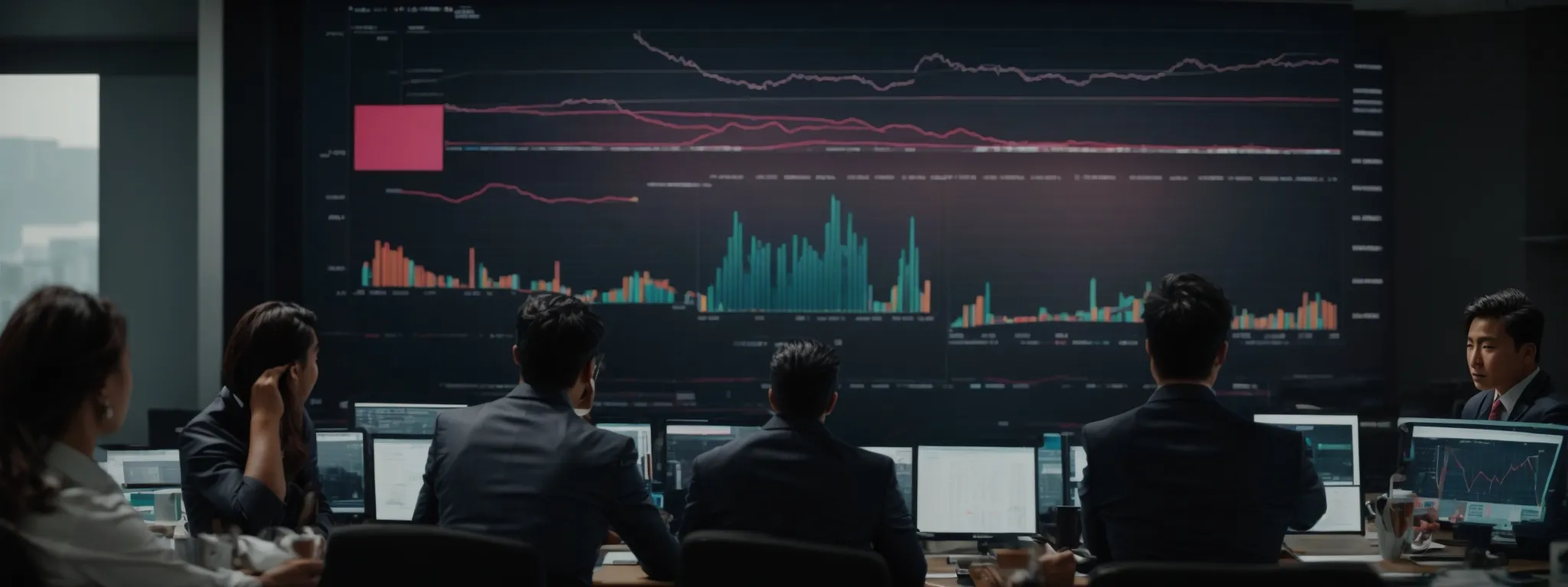 a group of focused individuals gather around a large screen displaying colorful graphs and charts, actively discussing strategies.