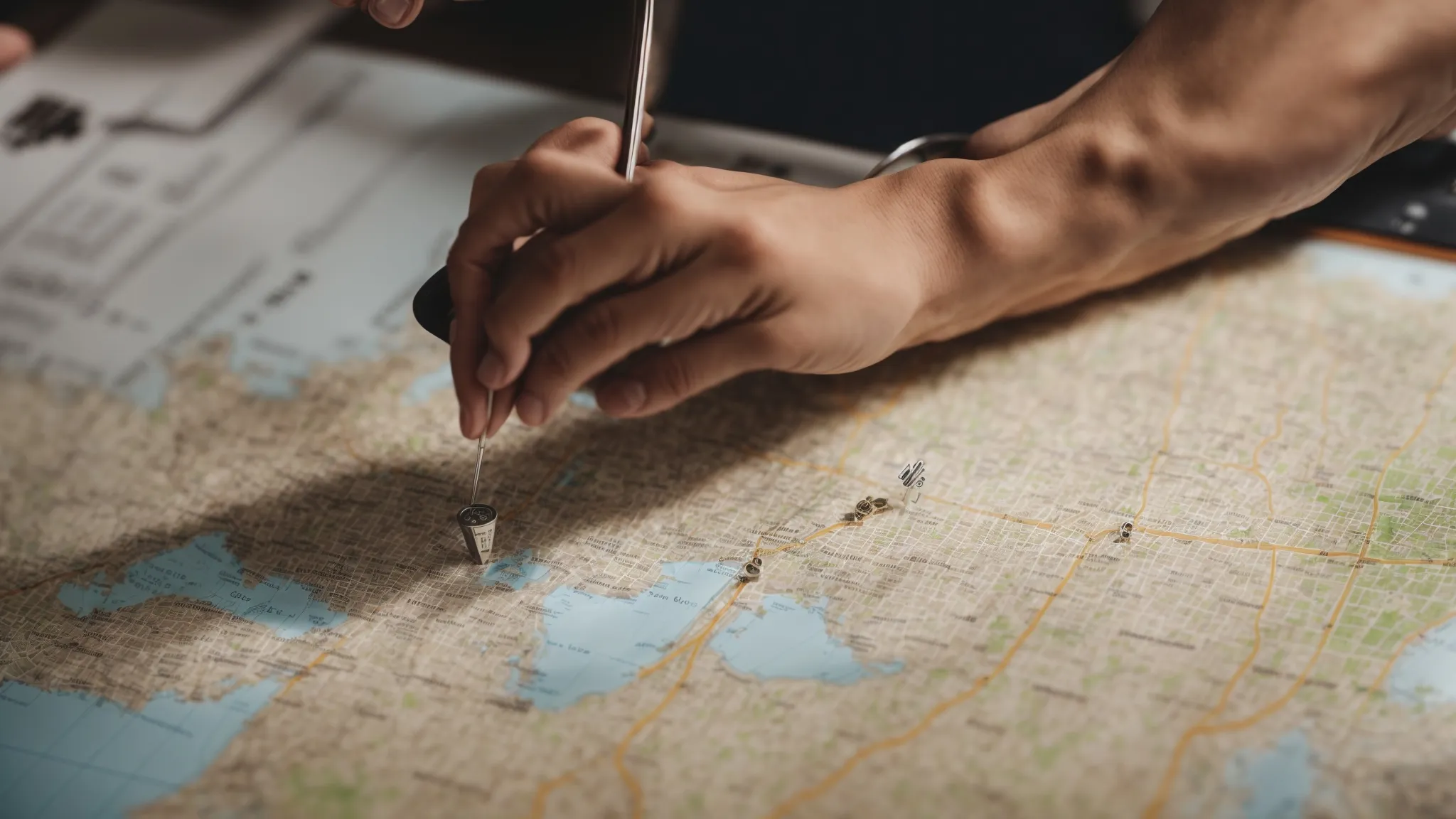 a business owner places a pin on a local map, symbolizing the targeting of local seo opportunities.