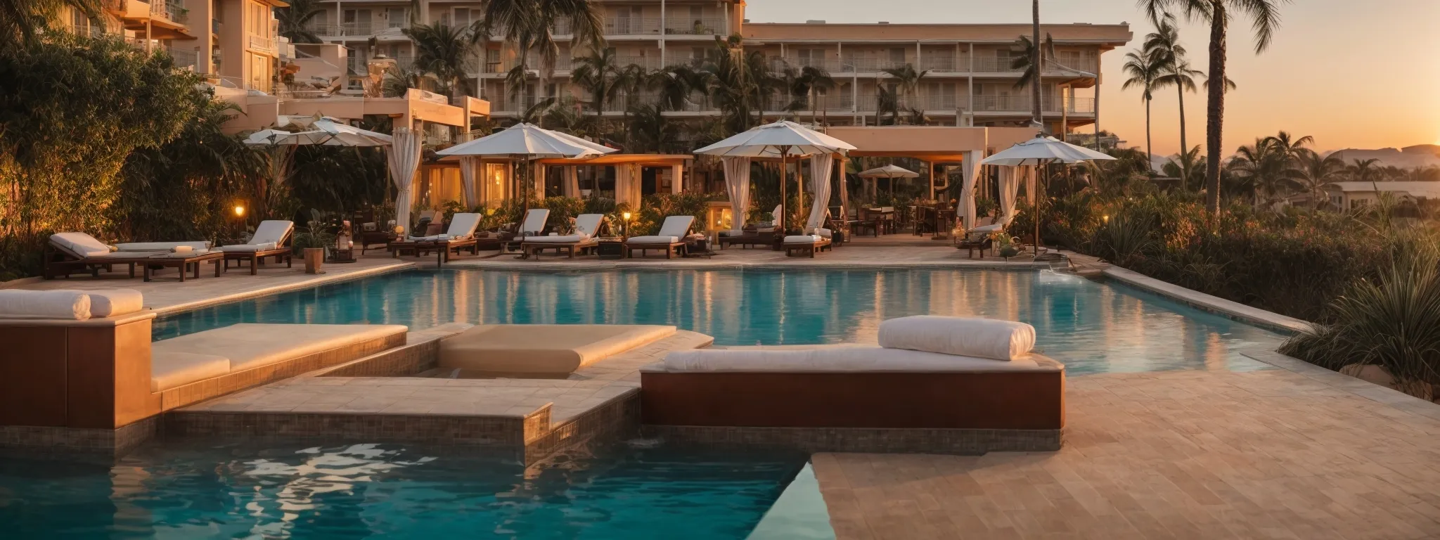 a hotel's picturesque poolside area set against a sunset, captured in a vibrant social media post.