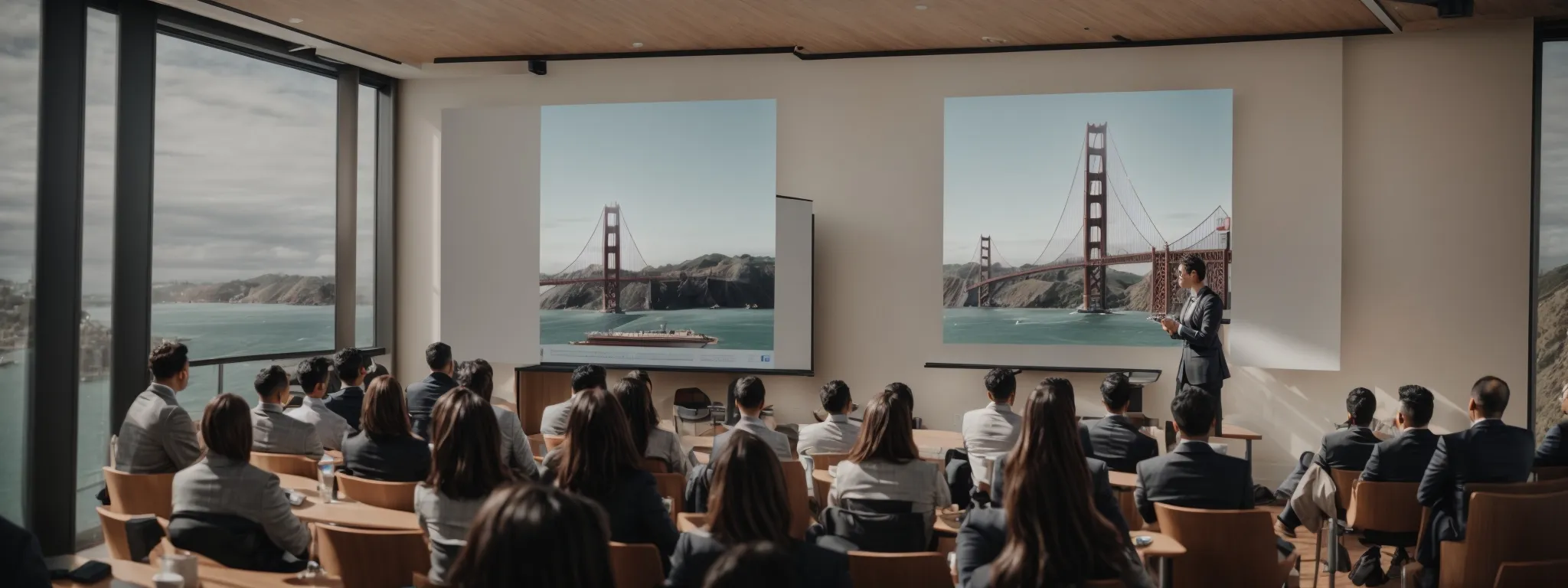 a speaker presents an seo workshop to an attentive audience with a presentation screen in the background, in a conference room with a view of the golden gate bridge.