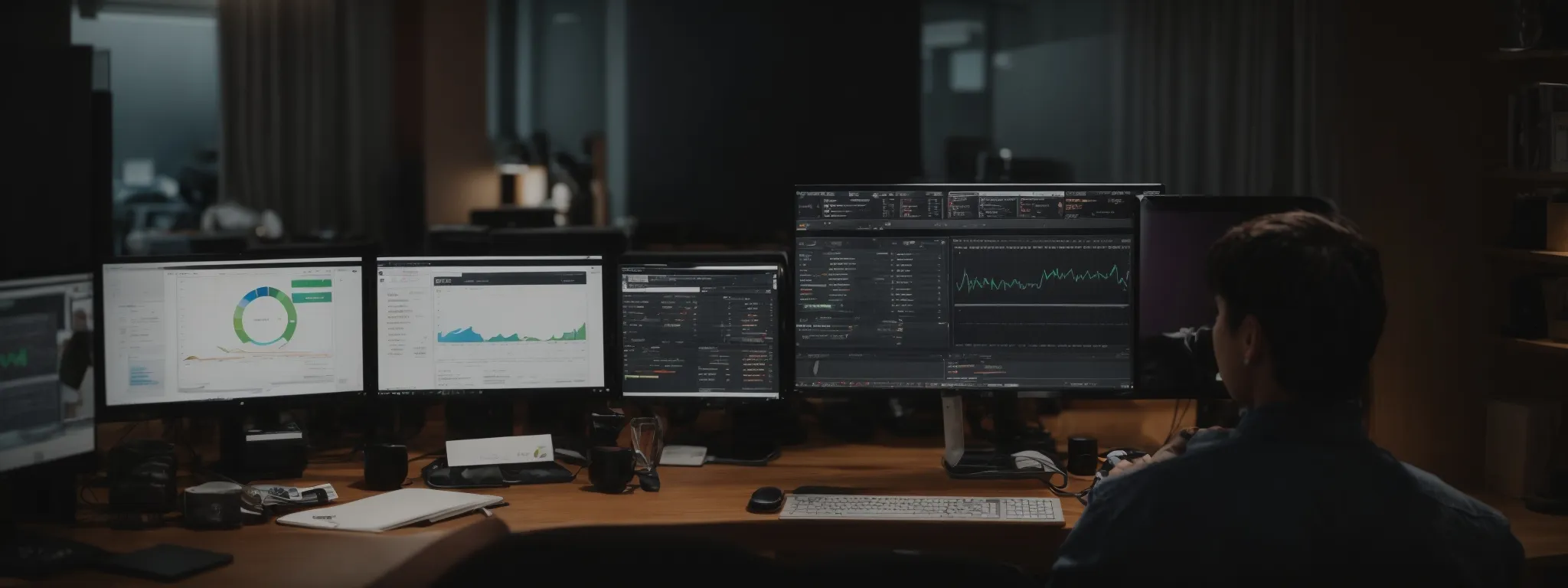 a person is sitting in front of a computer with multiple browser tabs open, showing various seo tools and analytics dashboards.