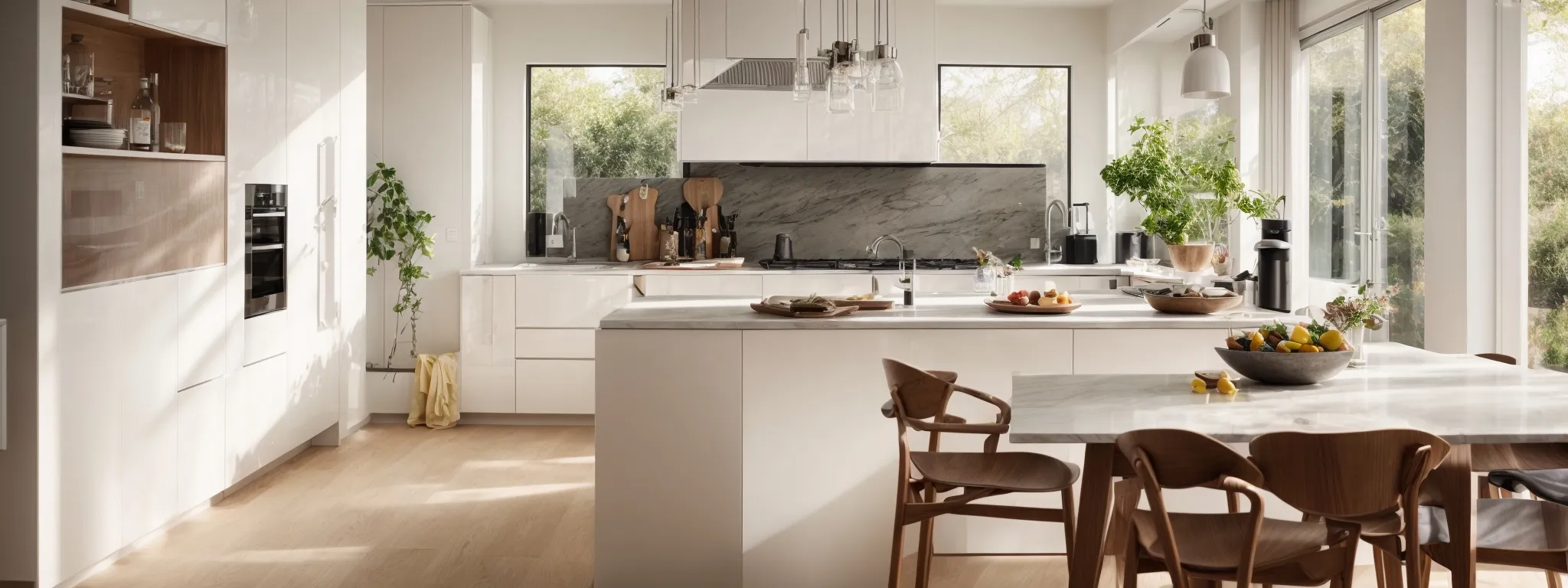 a pristine kitchen in an open-plan home, with sunlight streaming onto modern appliances and a spacious layout, embodying potential lifestyle and highlighting quality presentation.