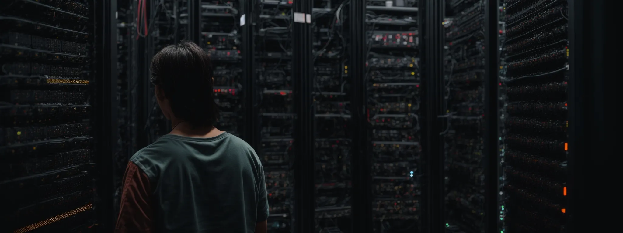 a person confidently adjusts complex server rack configurations, symbolizing the optimization of technical seo foundations.