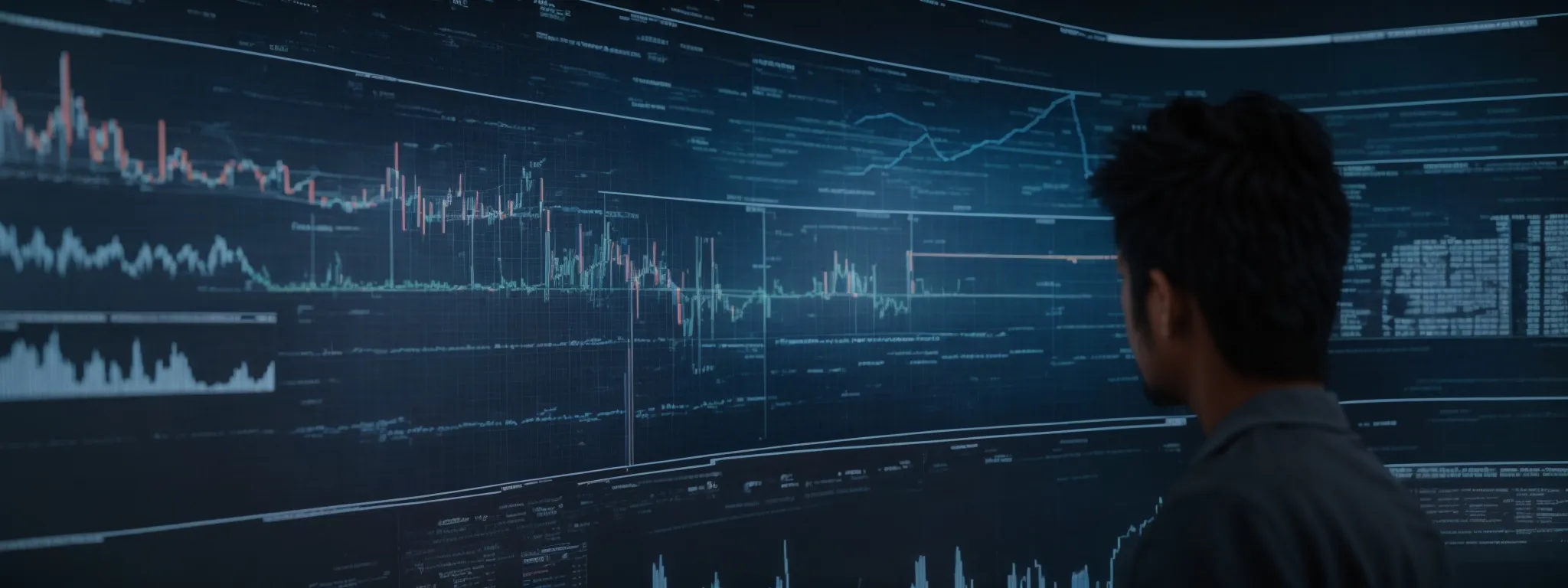 a person interacts with a large interactive display of analytics and graphs representing website traffic and seo performance.