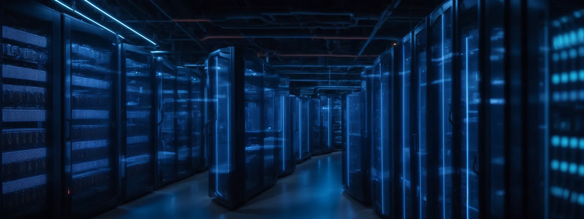 a row of illuminated server racks in a data center with glowing blue lights representing the digital infrastructure of crm solutions.