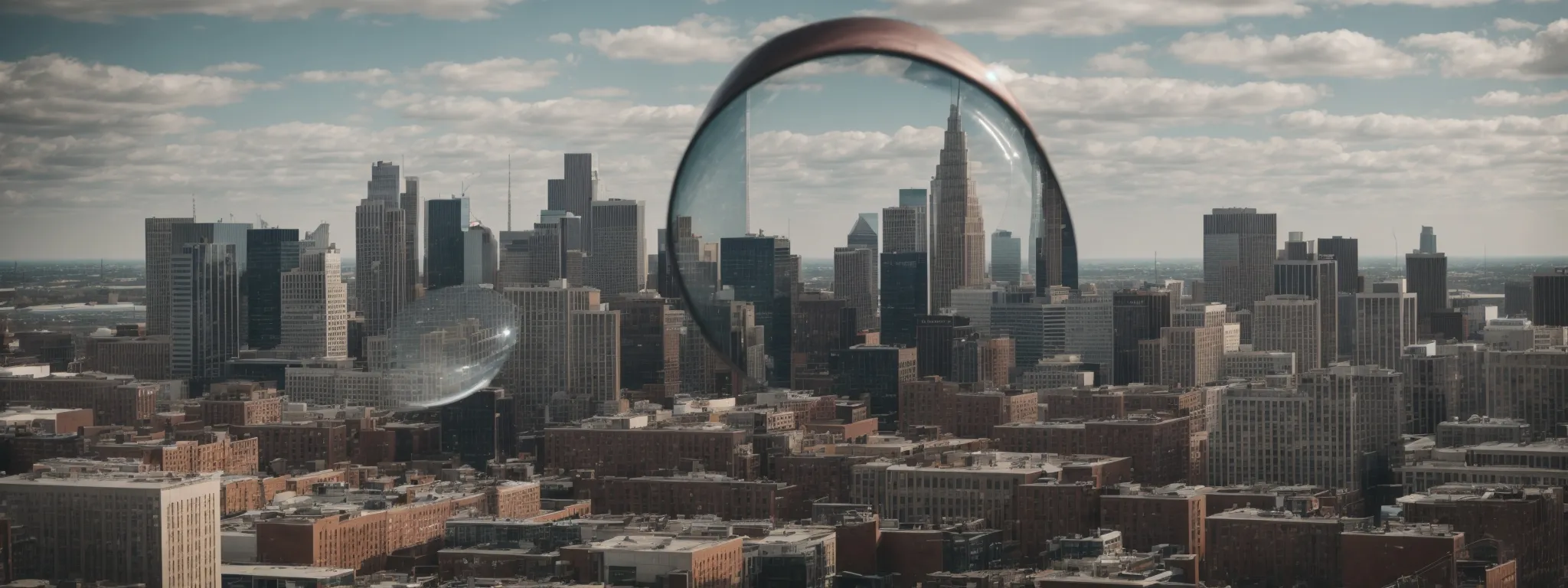 a skyline of detroit with a magnifying glass hovering over it, symbolizing a detailed analysis of the city's digital landscape.