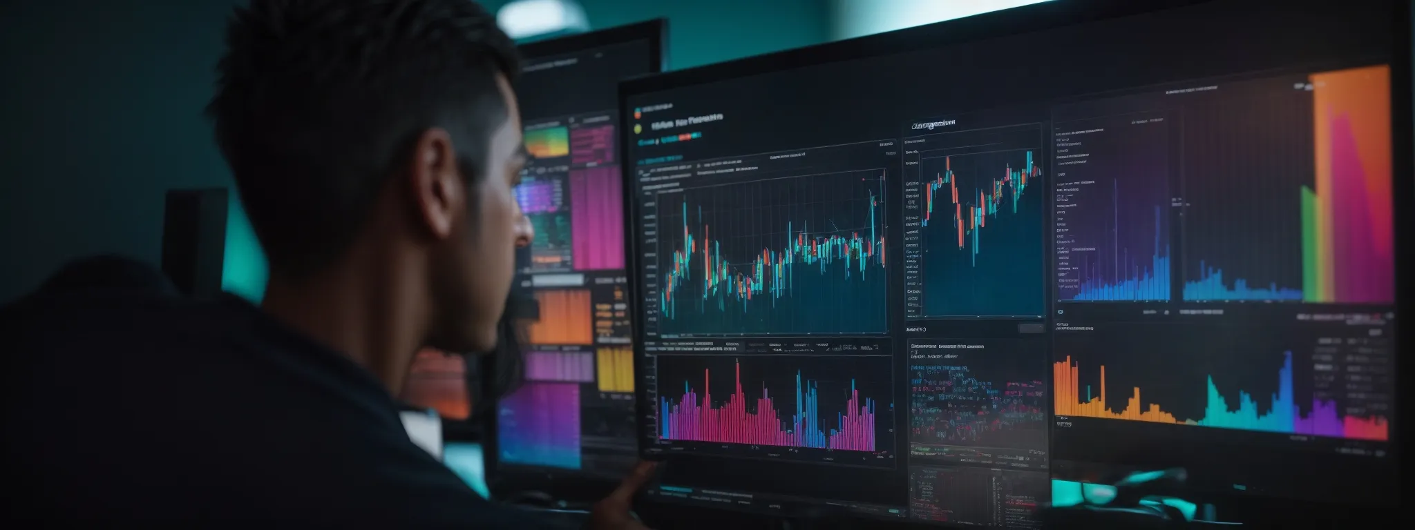 a marketer reviews colorful graphs on a computer screen, reflecting seo performance and keyword trends.