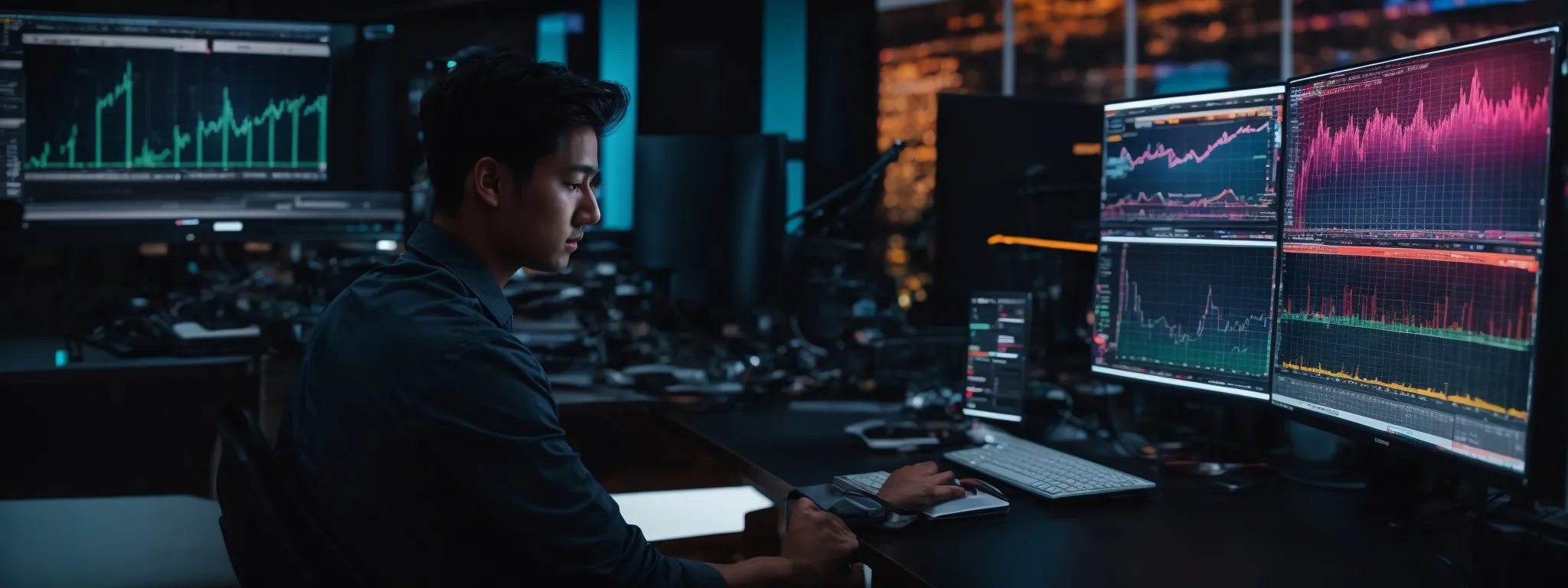 a digital marketer analyzes colorful graphs on a modern computer screen that reflects an intricate web analytics dashboard.