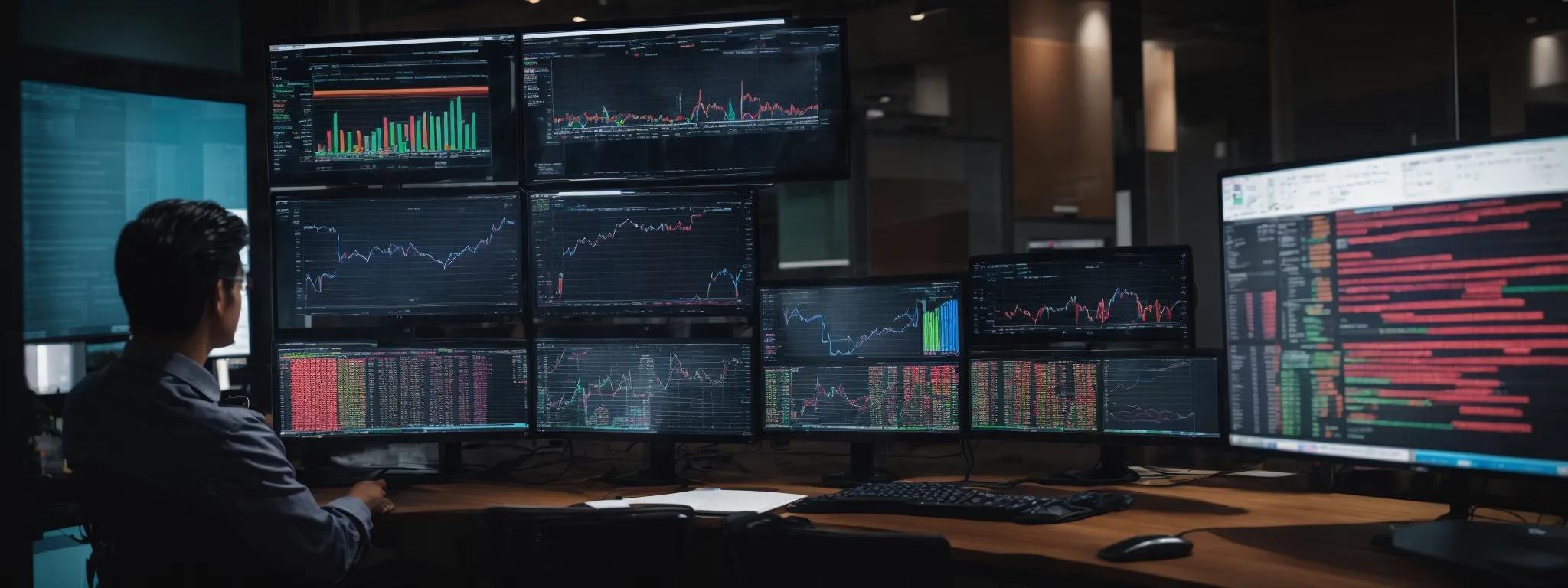 a person sitting at a desk with multiple computer screens displaying colorful graphs and data analysis software, immersed in seo strategy development.