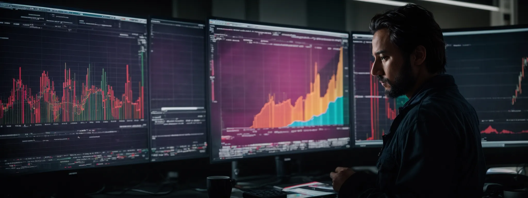 a focused individual scrutinizes analytics on a large monitor displaying colorful charts and graphs of website data.