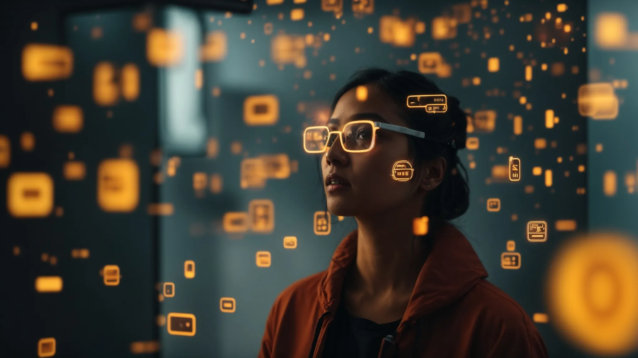 a person wearing ar glasses interacts with floating digital icons representing seo and visual search elements.