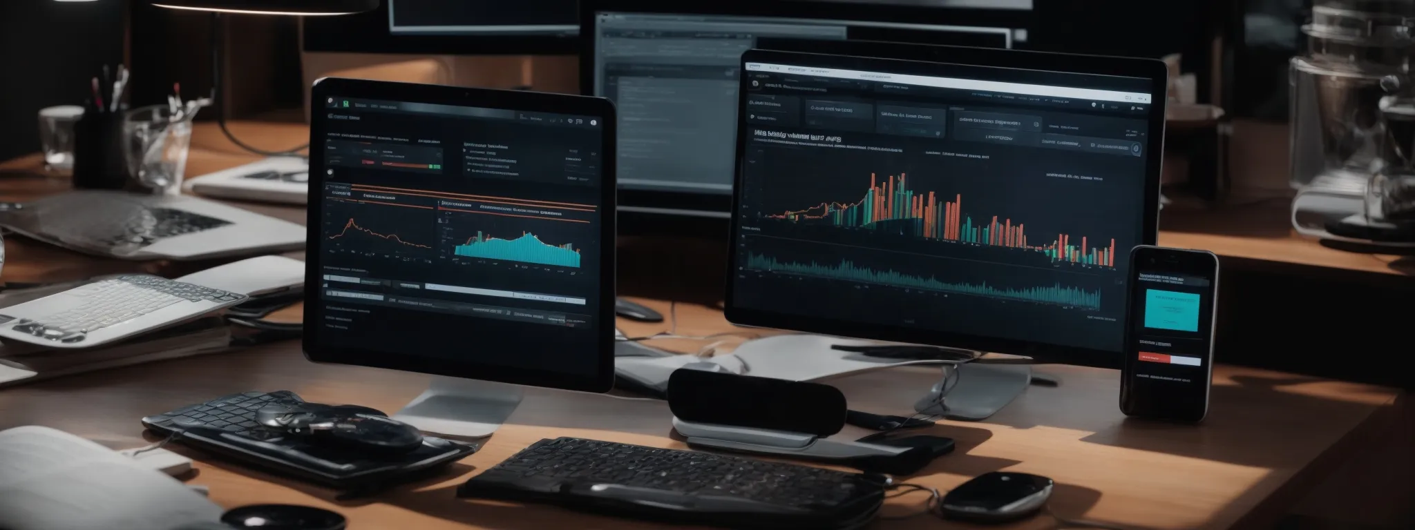 a neatly organized desk showcasing a digital device with a comprehensive seo analytics dashboard, surrounded by marketing strategy notes and an illuminated 