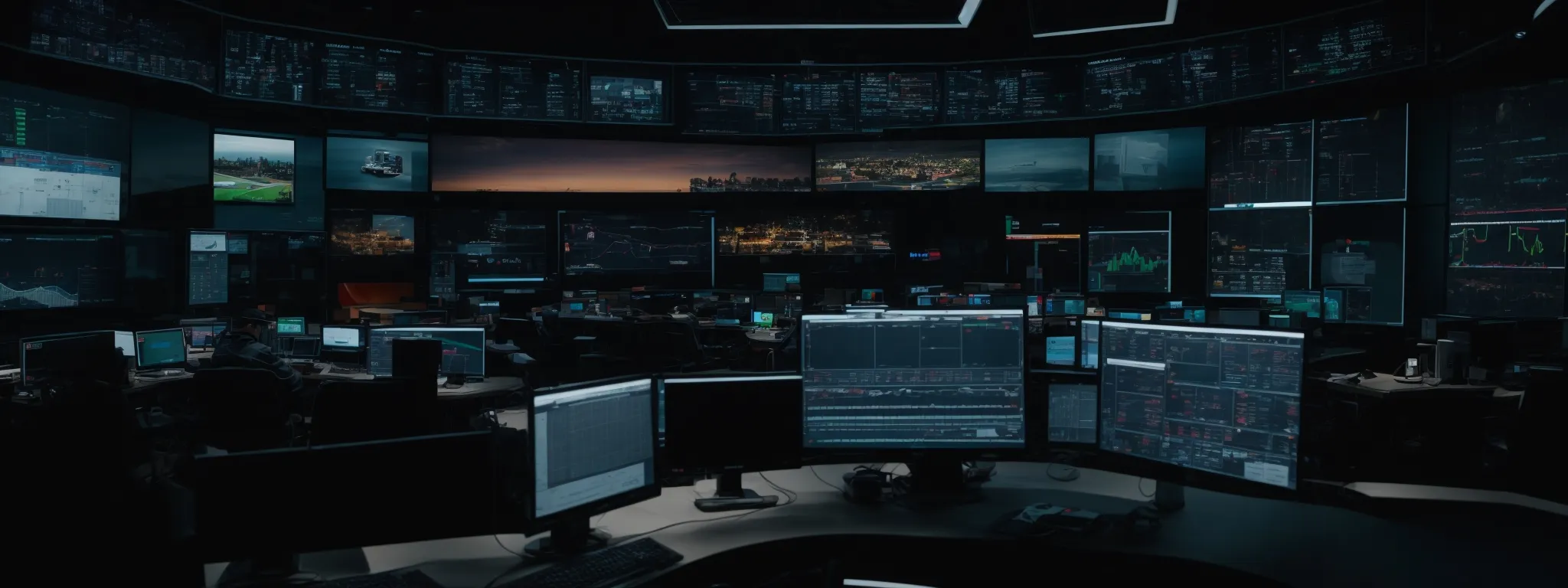 a screen-filled control center with an individual overseeing multiple live website analytics dashboards.