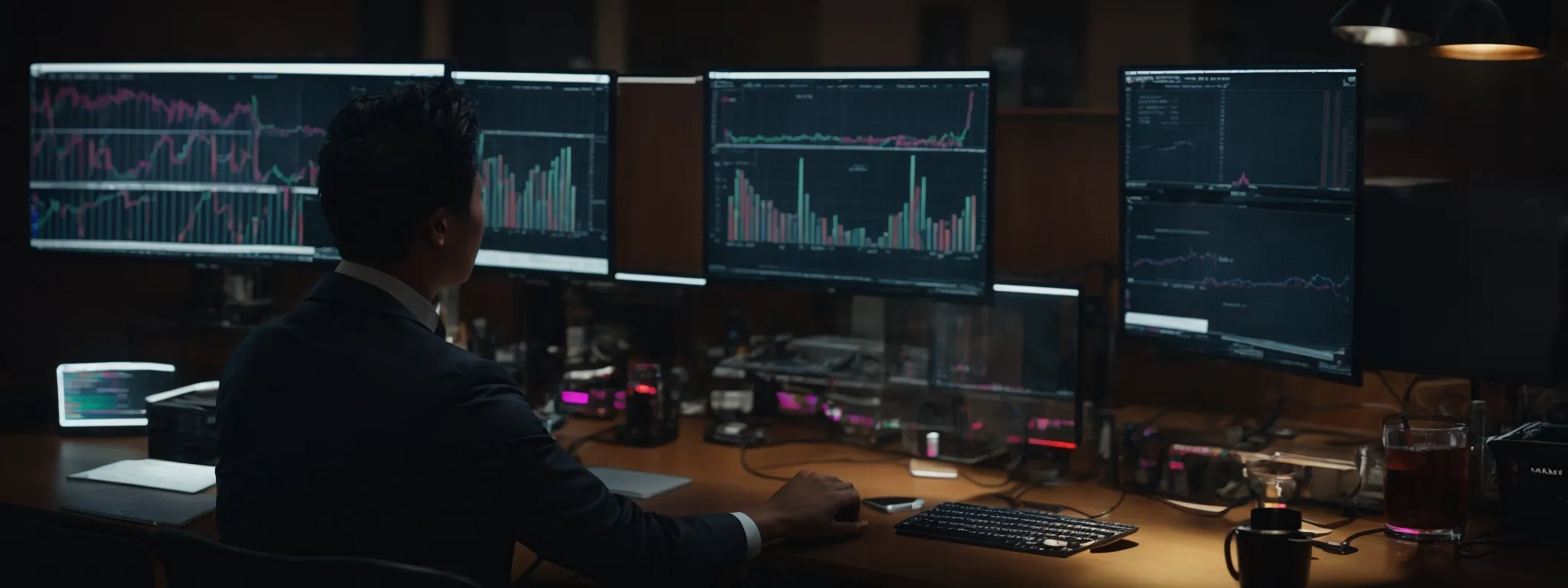 a person at a desk with dual monitors displaying colorful data analytics and graphs.