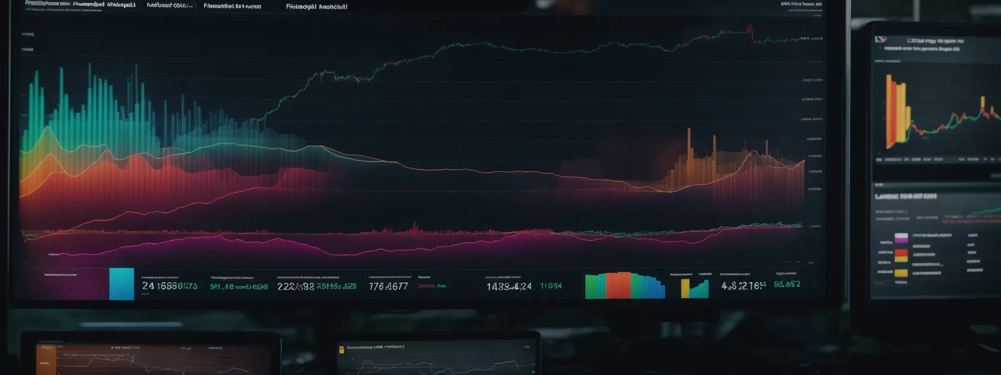 a computer screen displaying colorful graphs and charts representing website traffic and keyword performance analysis.